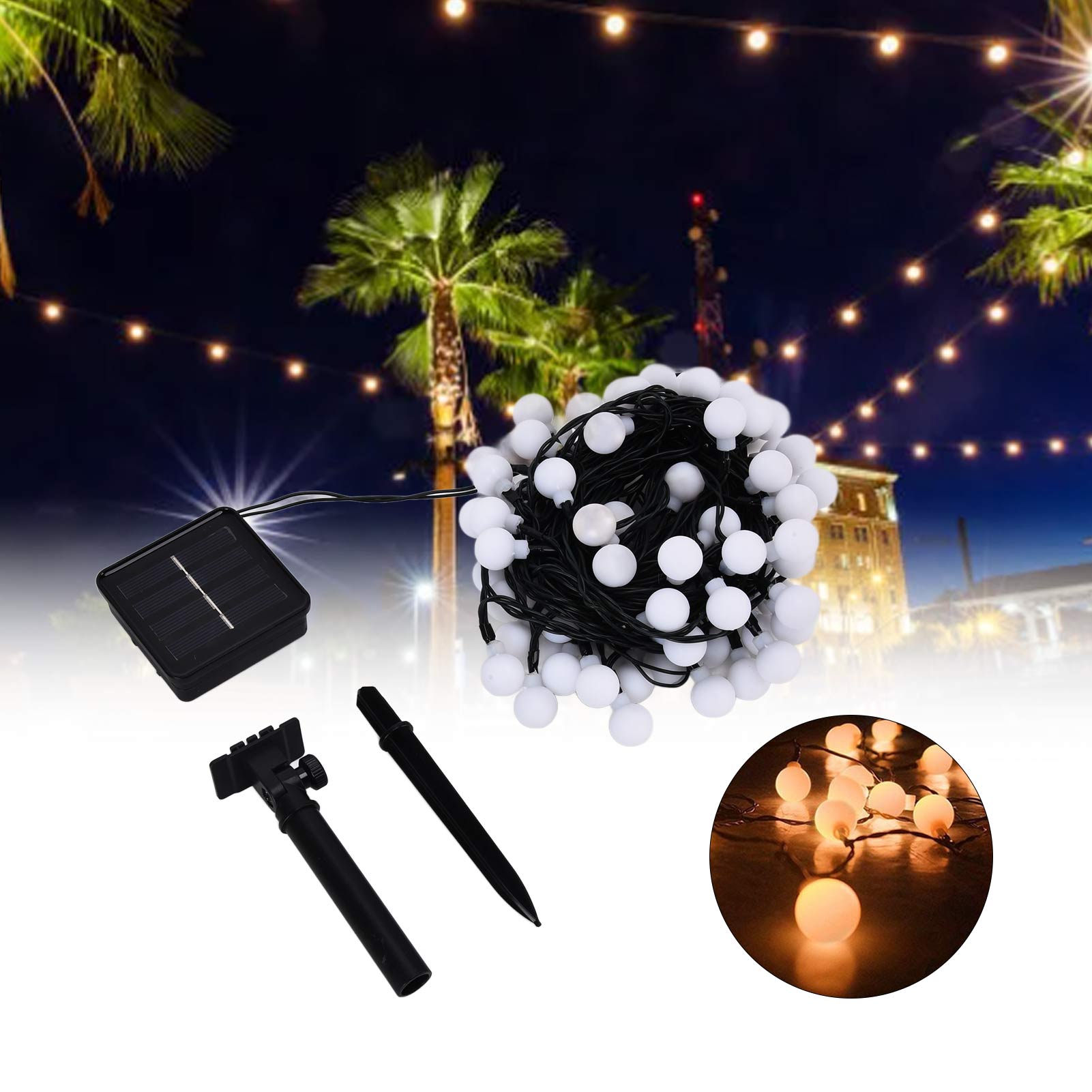 Solarbetriebene Led-lichterketten In Kugelform Für Weihnachten Und Andere Außenanwendungen, Darunter Kleine Weiße Kugellichter Und Warmweiße Glühbirnen Zur Dekoration Von Terrassen.