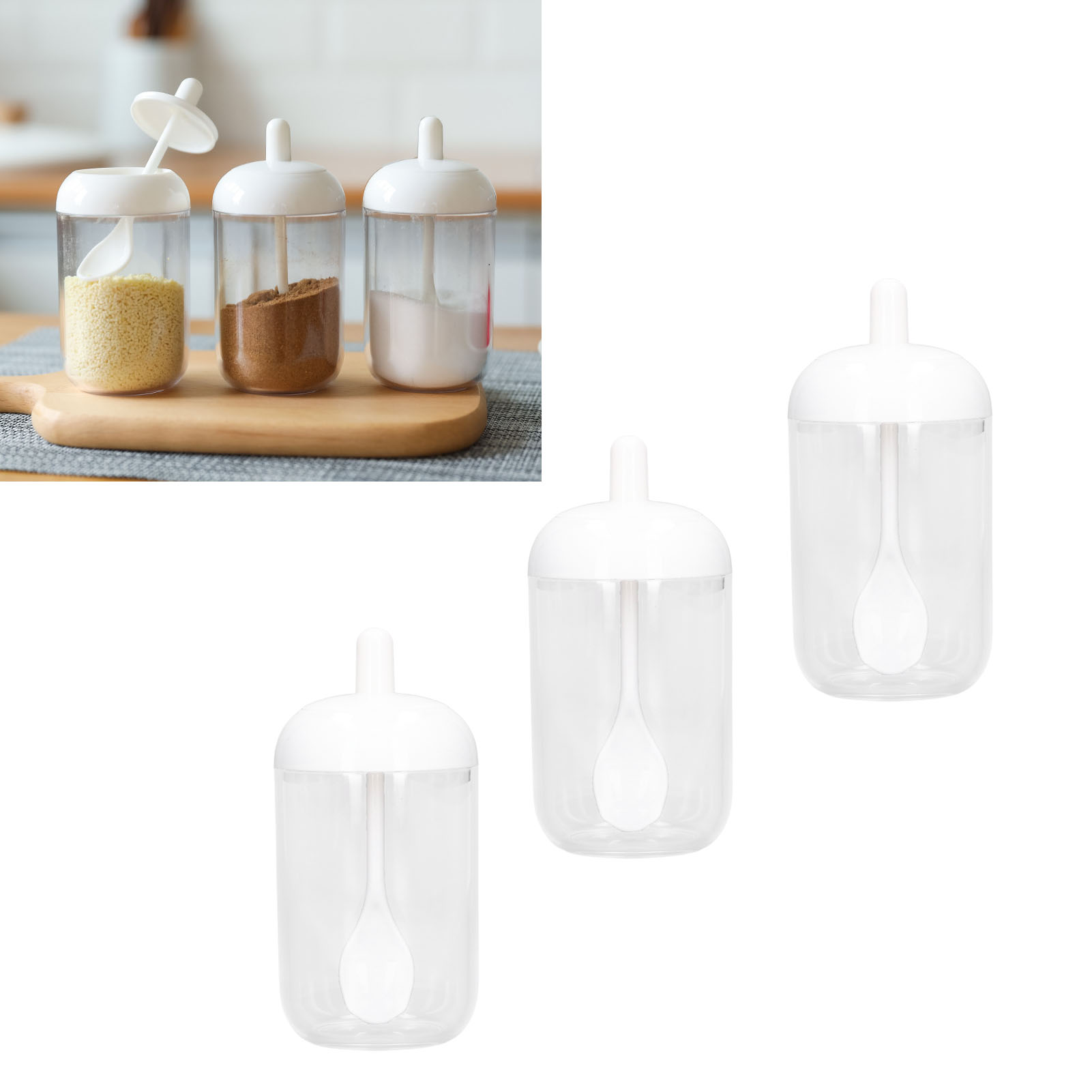 Einfaches Rundes Gewürzglas Mit Löffel, Pfefferstreuer, Salzstreuer Und Salzmühle Transparenter Aufbewahrungsbehälter Mit Löffel Luft- Und Feuchtigkeitsbeständiges Rundes Gewürzglas – Weiß