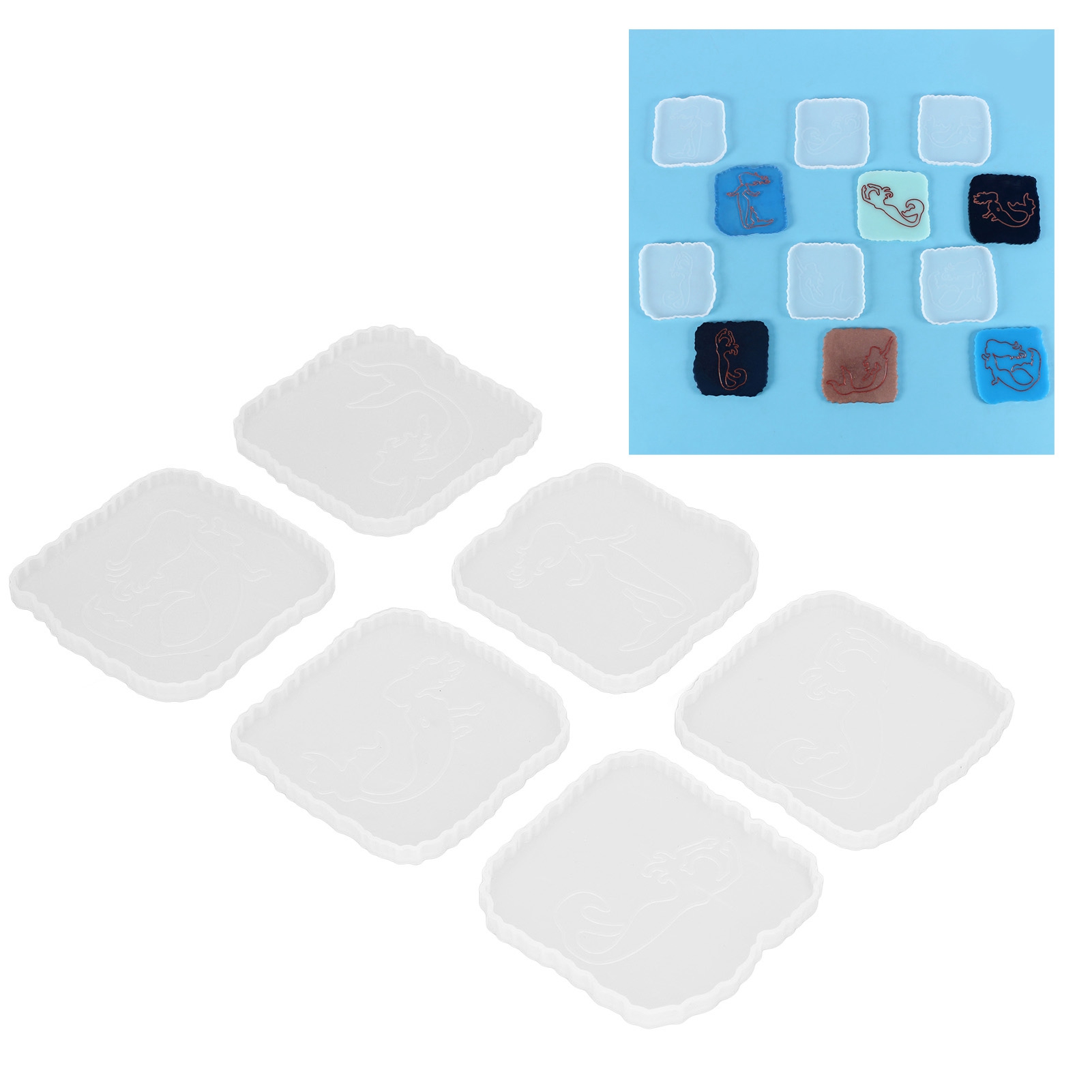 Set Aus 6 Untersetzerformen Aus Epoxidharz Mit Meerjungfrauenmuster, Mit Wellenförmigem Spitzenrand Und Silikonform Mit Spiegeleffekt.