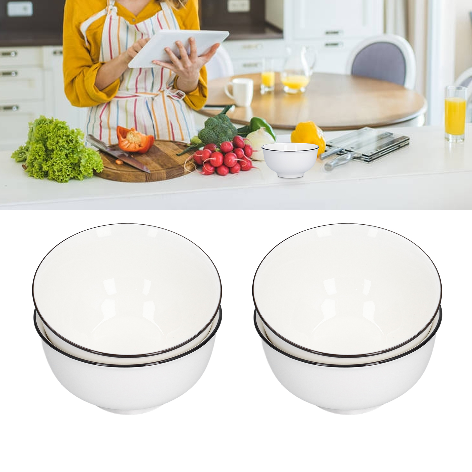 Keramik-essgeschirr-set Mit Schwarzem Rand, Suppenschüssel Und Nudelschüssel, 15 Cm (4-teilig)