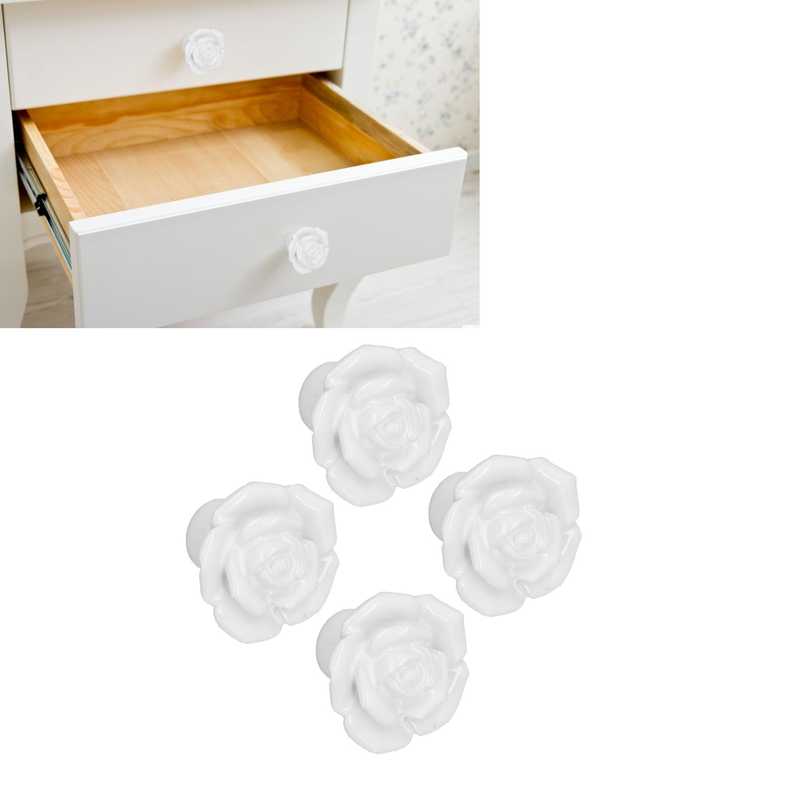 4 Sets/jeweils Keramikgriffe Mit Rosenmuster Für Schränke Und Kleiderschränke, Handgeformter Cartoon-stil, Moderner Europäischer Minimalistischer Stil, Weiß.