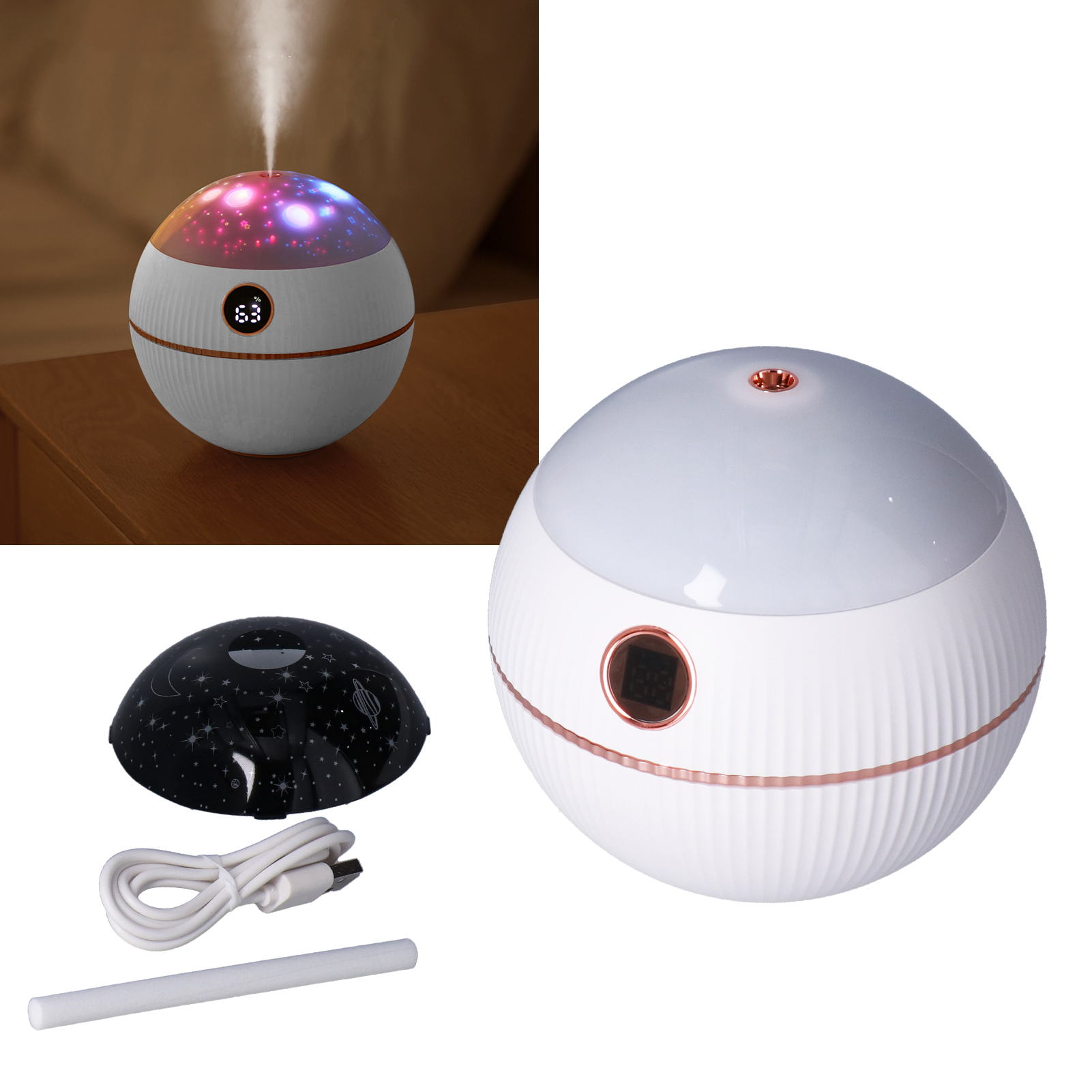 Kugelförmiger Luftbefeuchter (550 Ml) Mit Sternenhimmelprojektion, Mini-luftbefeuchter, Tragbar, Usb-aufladbar, Weiß