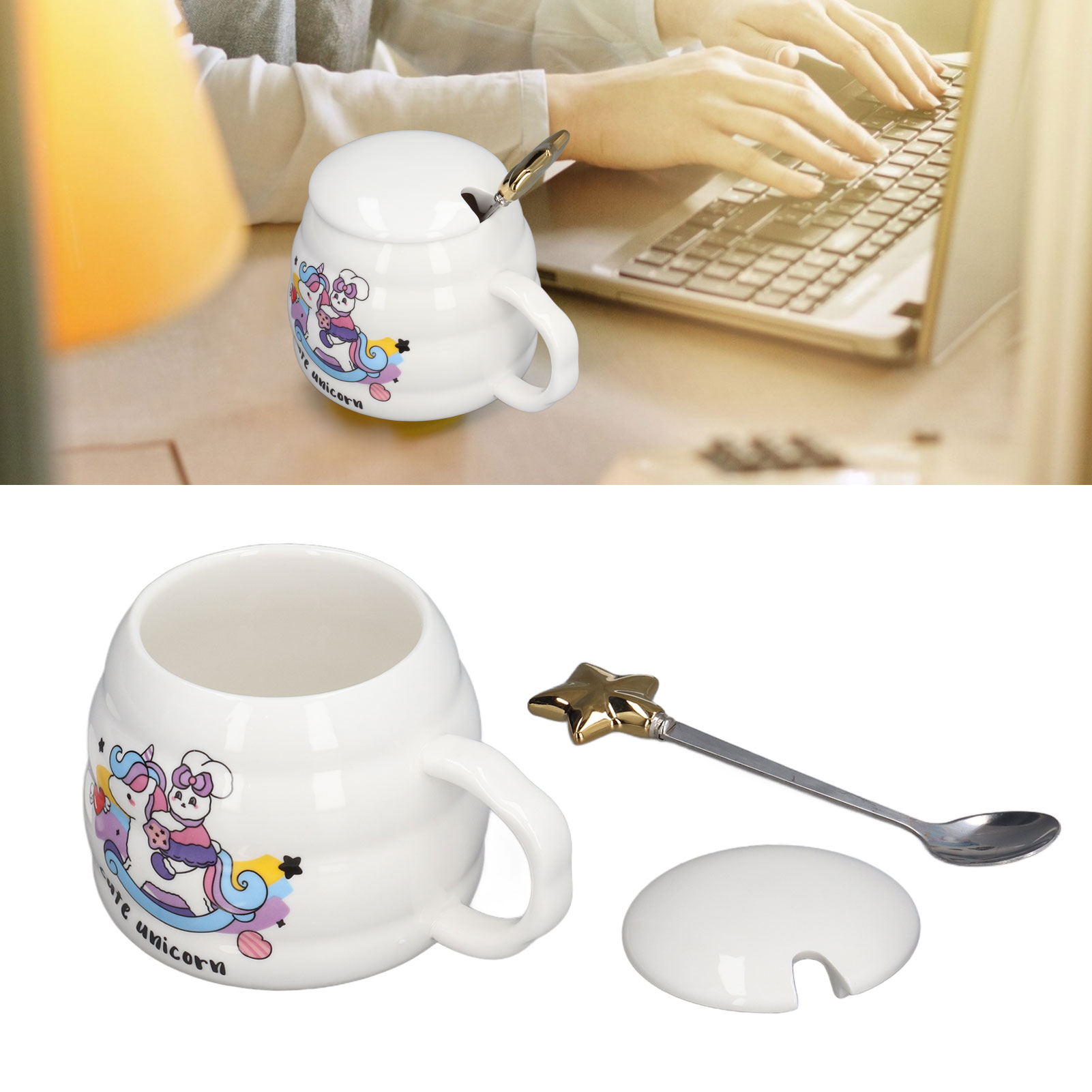 Niedlicher Keramik-kaffeebecher, Bürobecher, Geschenk Mit Deckel Und Löffel, Schaukelpferd