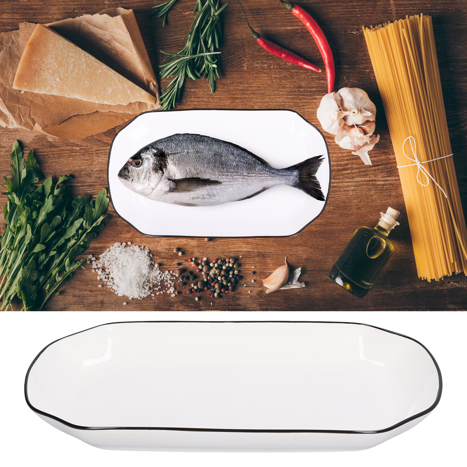 Weißer Keramik-küchenteller, Mit Schwarzem Leder Eingefasst, 30 Cm Fischplatte.