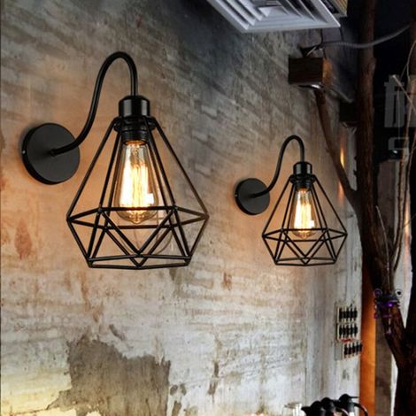 Wandlampe Für Innenräume, 2er-set – Industrielle Wandlampe Aus Schwarzem Metall – Diamantförmiger Käfig-schirm – Dekorative Beleuchtung Für Schlafzimmer Und Wohnzimmer