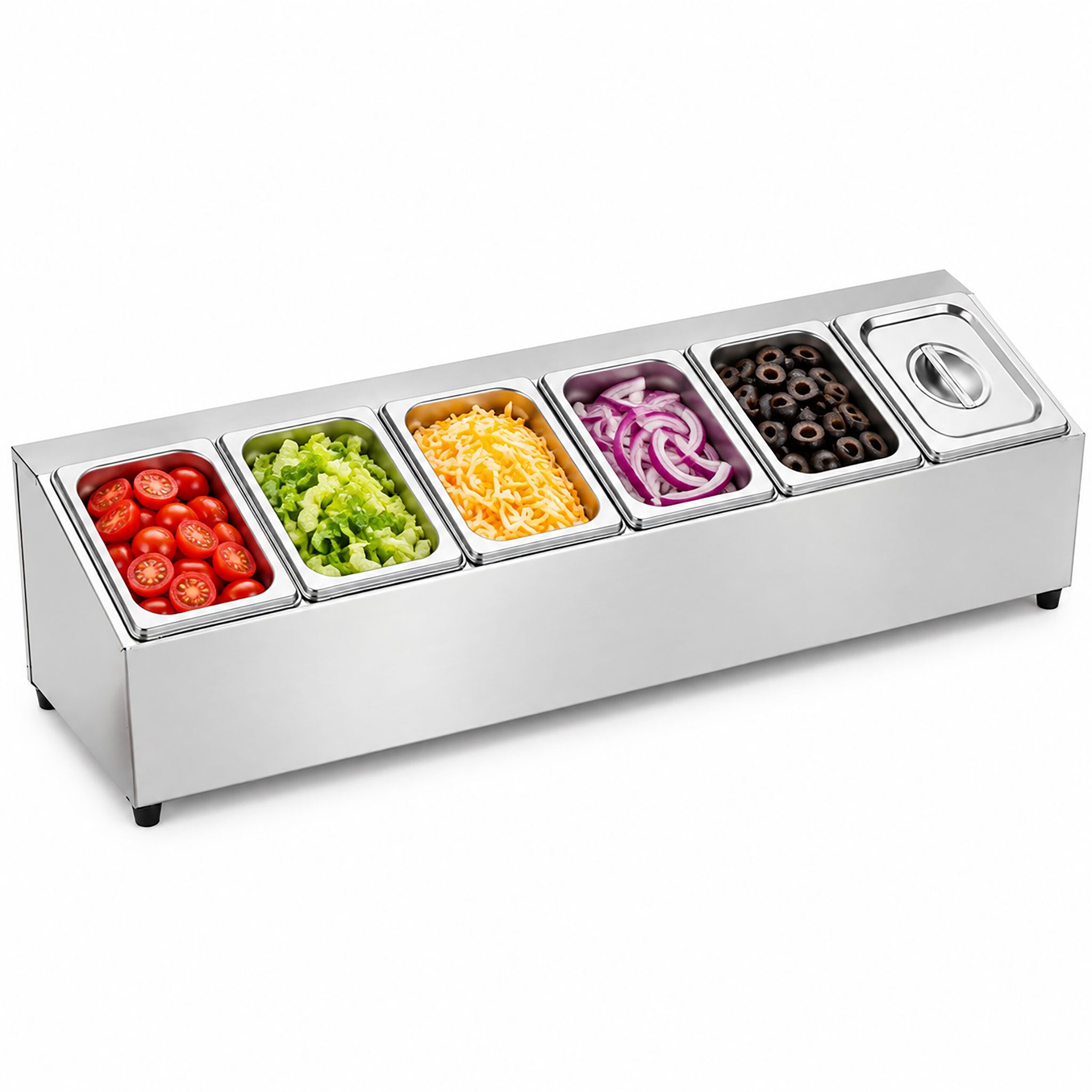 Relaxdays Zutatenbehälter, Gastro Station, Pizza Topping Box, 6 Fächer, Hbt 21,5x102,5x22,5cm, Gn 1/6, Edelstahl, Silber