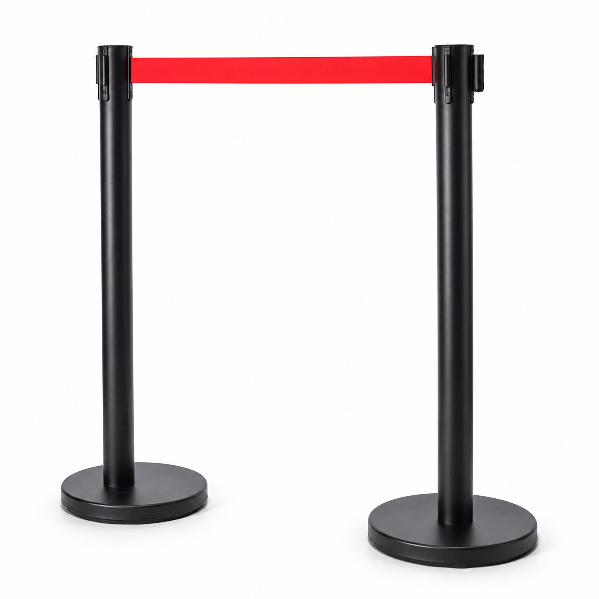 Relaxdays Personenleitsystem Absperrständer, 2er Set, Absperrpfosten, 3m Zugband, Hxd: 90x31 Cm, Edelstahl, Schwarz-rot