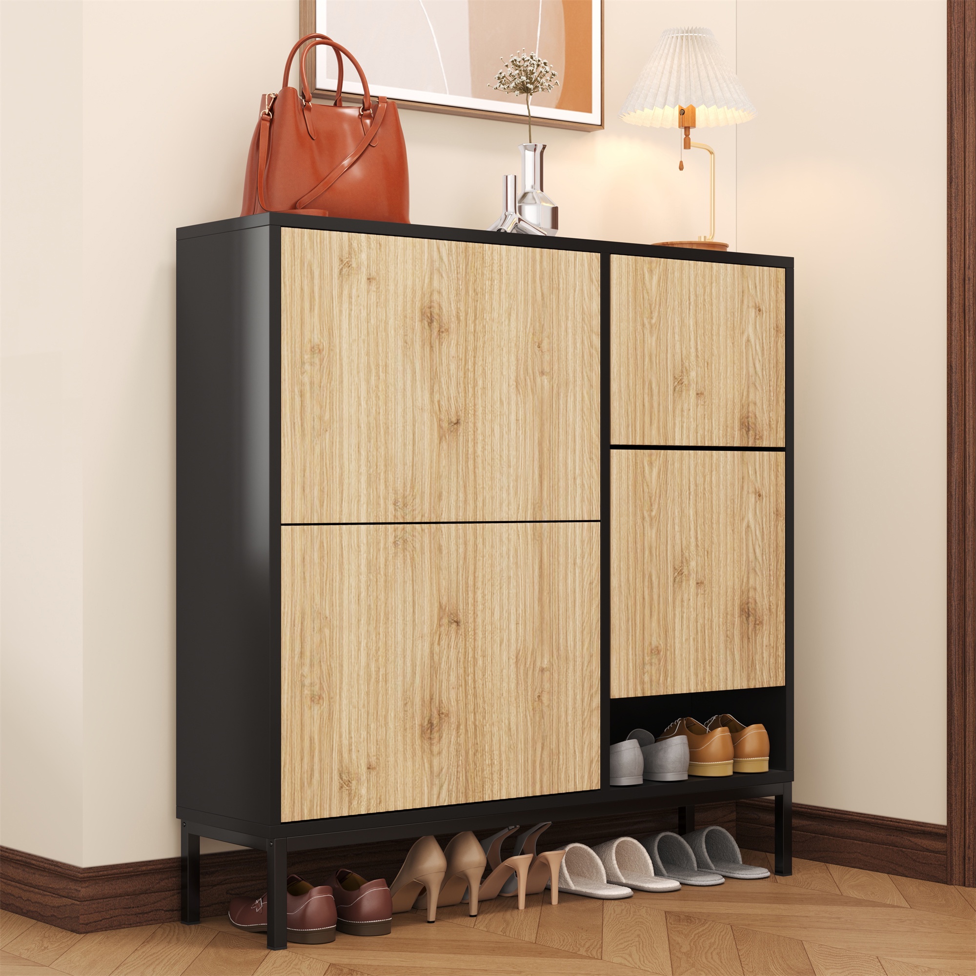 Schuhschrank - 100 X 25 X 100 Cm - Integrierte Ausziehbare Sitzbank, Drei Klappen, Offenes Regal - Stil Modern Elegant - Mdf - Schwarz