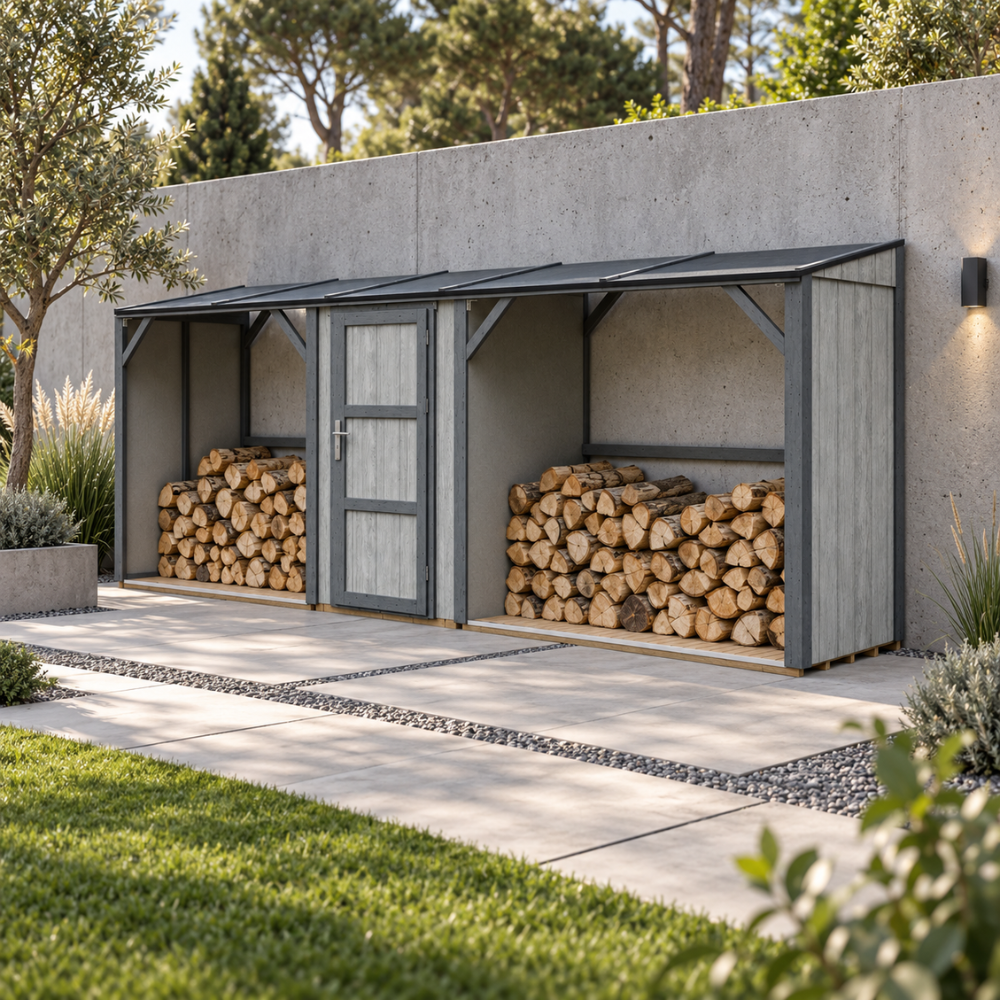 Timbela M986-tundra Cavern Doppeltes Brennholzlager Mit Geräteraum 6,49 M², Zwei Brennholzbereiche Mit Insgesamt 8,8 M³ Fassungsvermögen