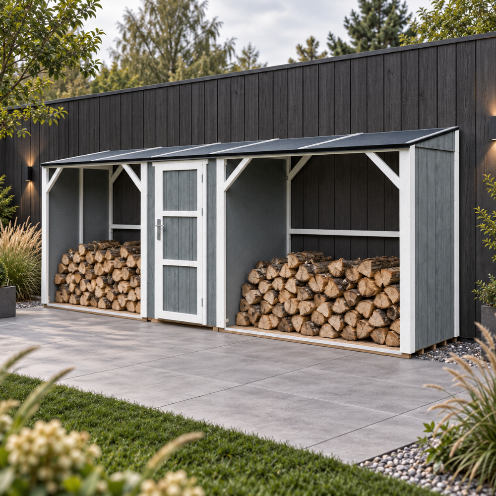 Timbela M986-cavern Steel Doppeltes Brennholzlager Mit Geräteraum 6,49 M², Zwei Brennholzbereiche Mit Insgesamt 8,8 M³ Fassungsvermögen
