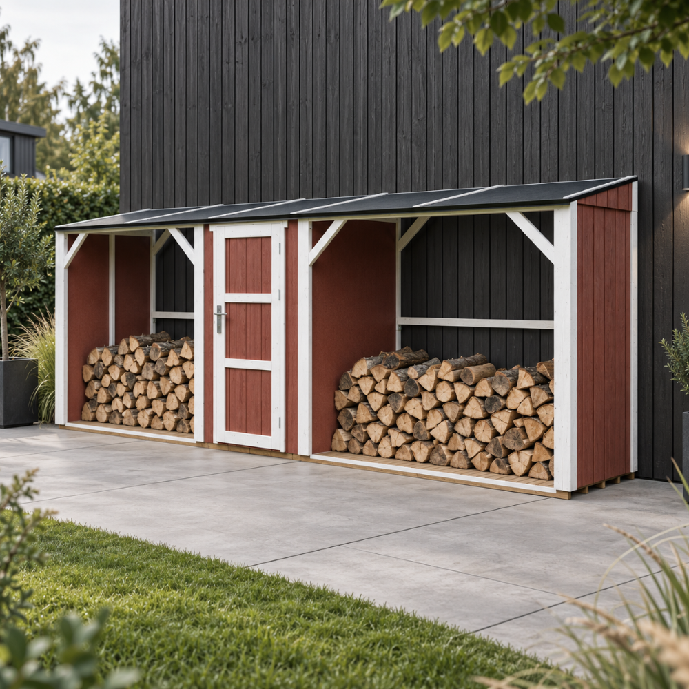 Timbela M986-redwood Red Doppeltes Brennholzlager Mit Geräteraum 6,49 M², Zwei Brennholzbereiche Mit Insgesamt 8,8 M³ Fassungsvermögen