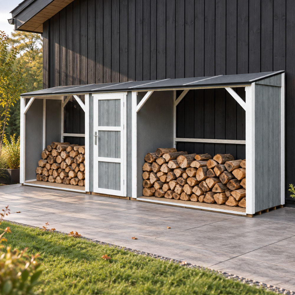 Timbela M986-tundra Grey Doppeltes Brennholzlager Mit Geräteraum 6,49 M², Zwei Brennholzbereiche Mit Insgesamt 8,8 M³ Fassungsvermögen