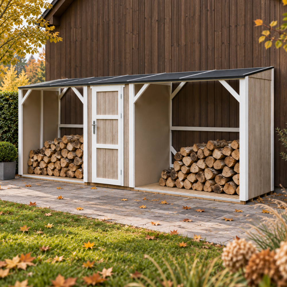 Timbela M986-terra Brown Doppeltes Brennholzlager Mit Geräteraum 6,49 M², Zwei Brennholzbereiche Mit Insgesamt 8,8 M³ Fassungsvermögen