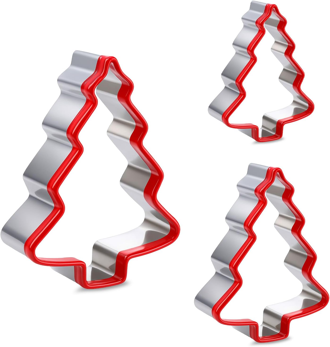 Set Mit 3 Weihnachtsbäumchen-ausstechformen – Korpus Aus Edelstahl Und Umweltfreundlichem Rotem Pvc-material, Ideal Zum Backen Von Weihnachtsplätzchen (beinhaltet 3 Größen).