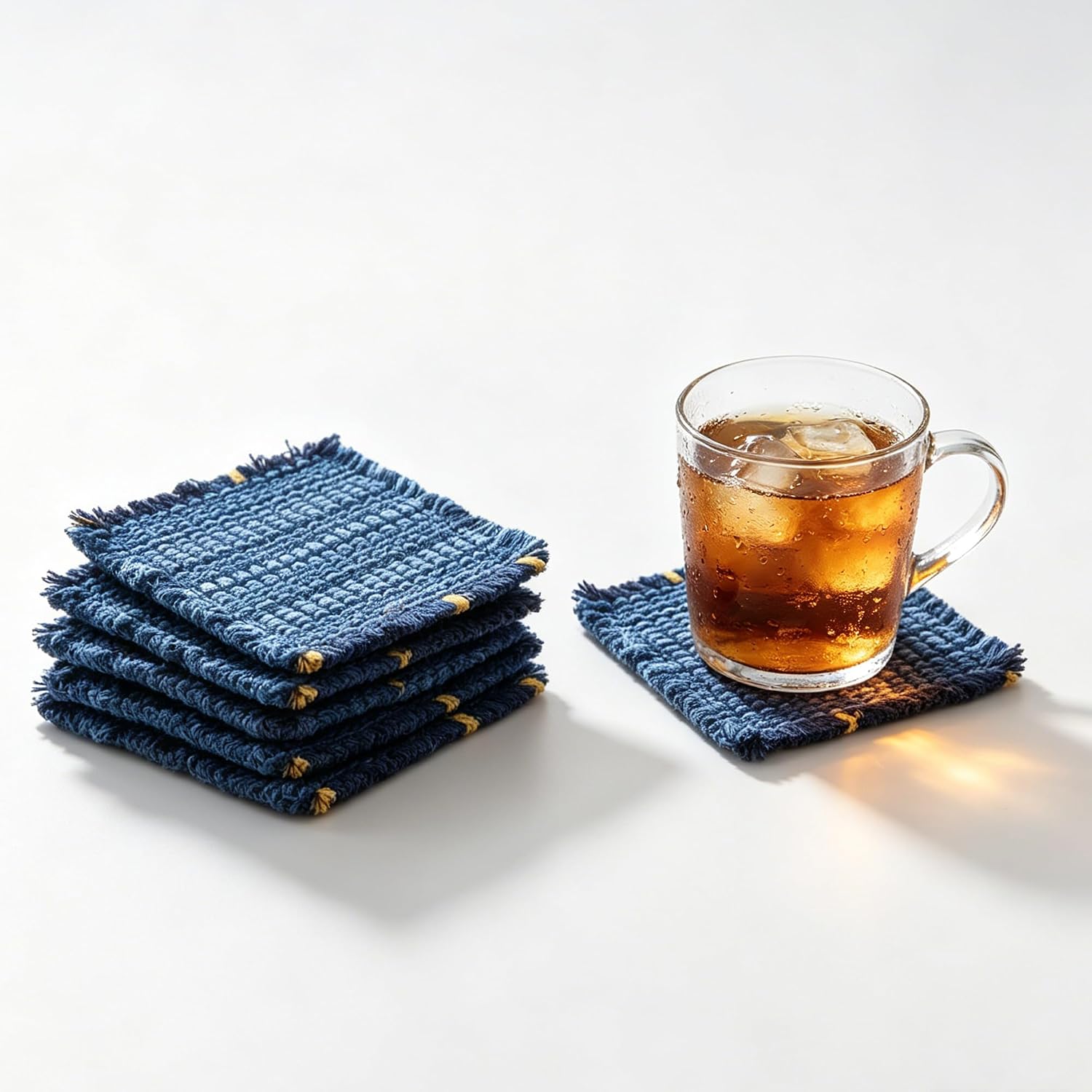 6er-pack Gewebte Baumwolluntersetzer Für Getränke, 10 Cm Saugfähige Blaue Stoffuntersetzer