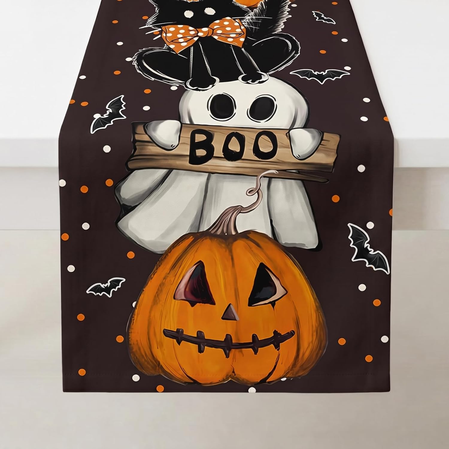 Halloween-tischläufer, 13 X 72 Zoll, Tischdekoration Mit Kürbis, Katze Und Geist.