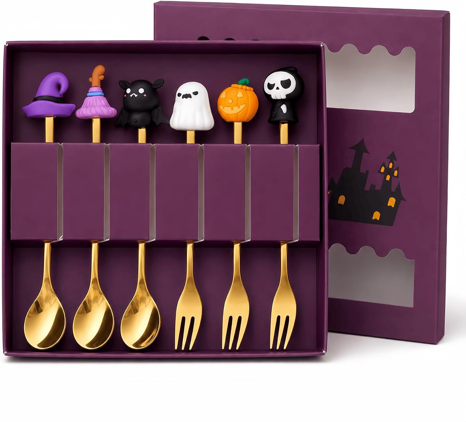 Halloween-dessertlöffel- Und Gabelset, 6-teilige Geschenkbox, Gold