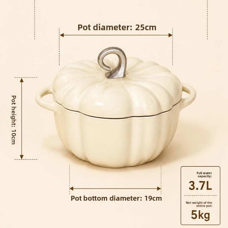 Emaille Gusseisen Bräter Kürbisform Weiß 3,7 L 25 Cm Mit Hornknopf Für Alle Herdarten