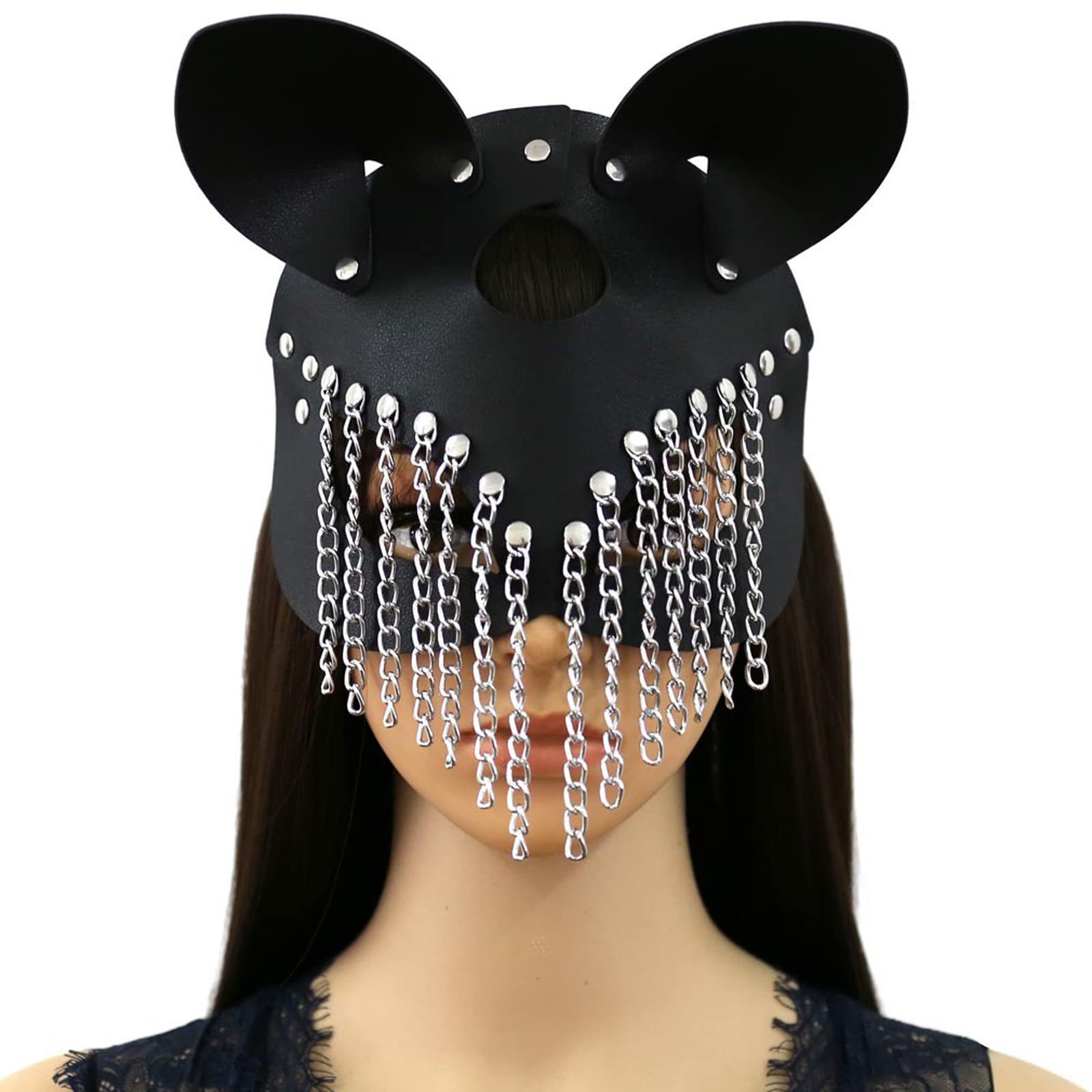 Pu Fuchs Maske Punk Stil Mit Ketten Maskenball Unisex Metall Fransen