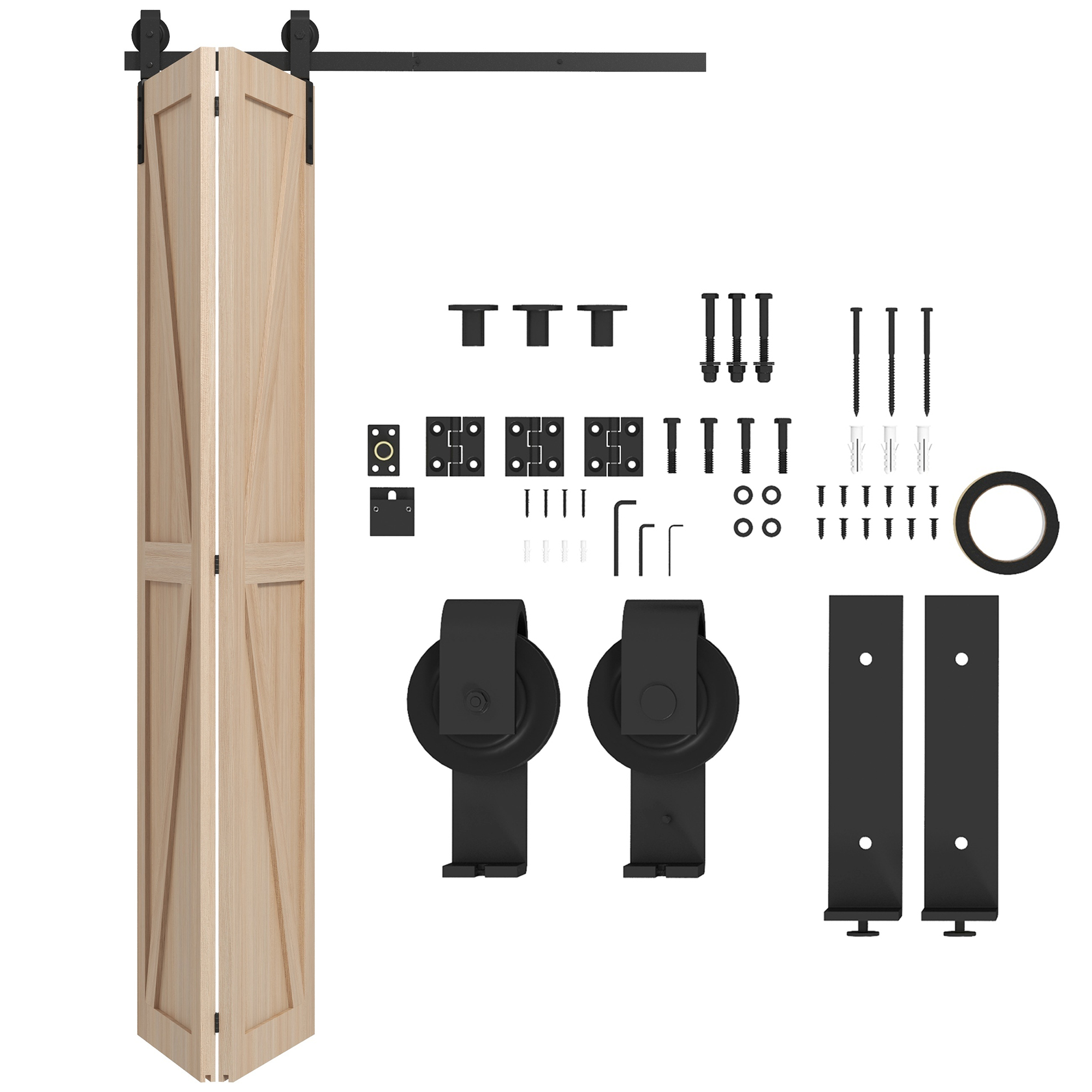 122 Cm Schiebetür-beschlag-set, Klappbar, Für 2 Scheunentüren, Schwarz