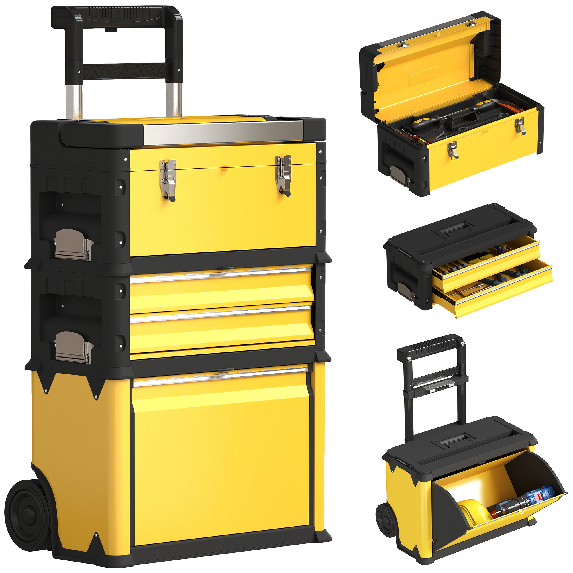 3 Werkzeugboxen Stapelbar Modular Auf Rollen, Stahl, Mit Ablage, Griff Und Schloss, Gelb