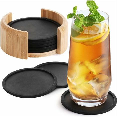 Dessous De Verre Silicone Rond Pour Verres - Set De 8 Incl. Box - Sous-bock Design En Verre Noir Pour Boissons, Tasses, Bar, Verre - Sous-verre De Table En Silicone
