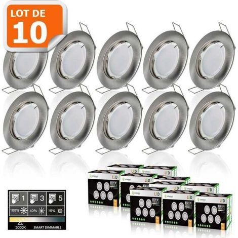 Set Aus 10 Dimmbaren Led-spots, 7 W Warmweiß (3000 K), Gebürstete Aluminium-optik, 560 Lumen, Gu10-fassung, Mit Mattem Diffusor