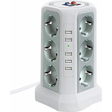 Überspannungsschutzsteckdosenleiste 12 Ac-steckdosen Und 5 Usb-ports – Schutz 1500 J – 2 M Kabel – 3 Unabhängige Schalter – Weiß Und Silbergrau