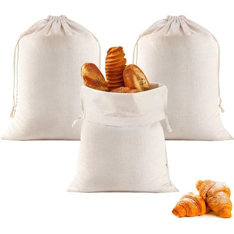 3 Cotton Bread Bags 40 X 30 Cm – Reusable Storage For Breads, Chopsticks, Fruits, Vegetables