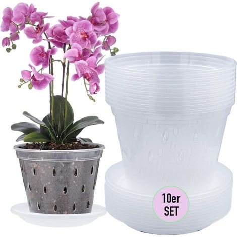 10er-set Transparente Orchideentöpfe Mit Ablaufloch, 17 Cm Durchmesser, 1,5 L, Und 10 Passenden Untertassen Aus Kunststoff Für Orchideen Im Innenbereich