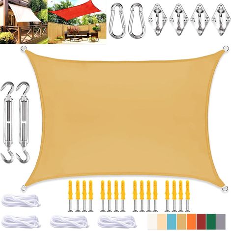 Rechteckiges Sonnensegel, Wasserdichtes Tuch Mit Uv-schutz Und Befestigungsset, Für Terrasse Und Garten, Sandfarben, 2 X 3 M