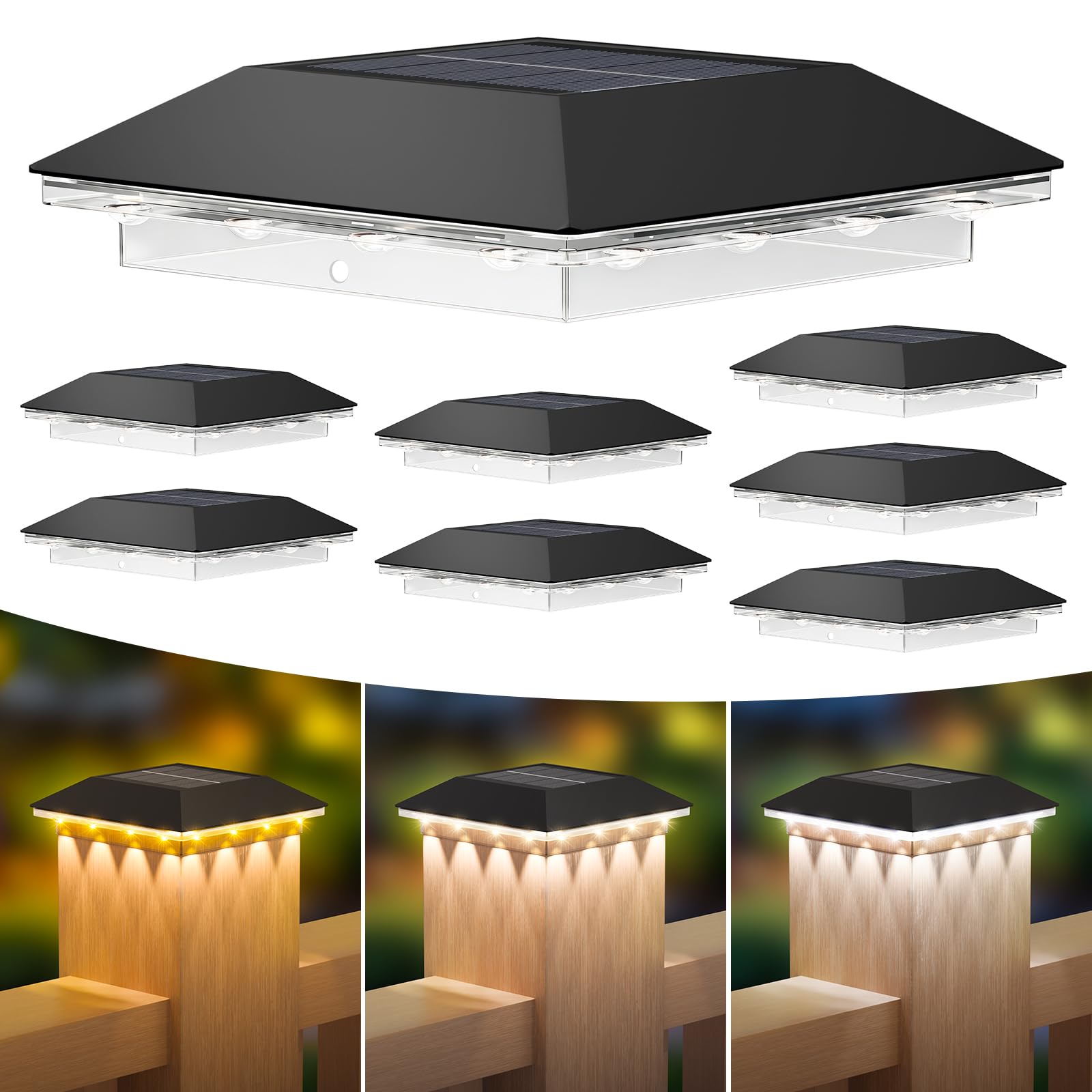 Set Mit 8 Solarbetriebenen Pfostenleuchten, Wasserdichte Leds Mit 3 Modi Für Außenzäune, Terrassen Und Holzpfosten (passend Für 3,5 X 3,5 Oder 4 X 4 Vinylpfosten), Schwarz