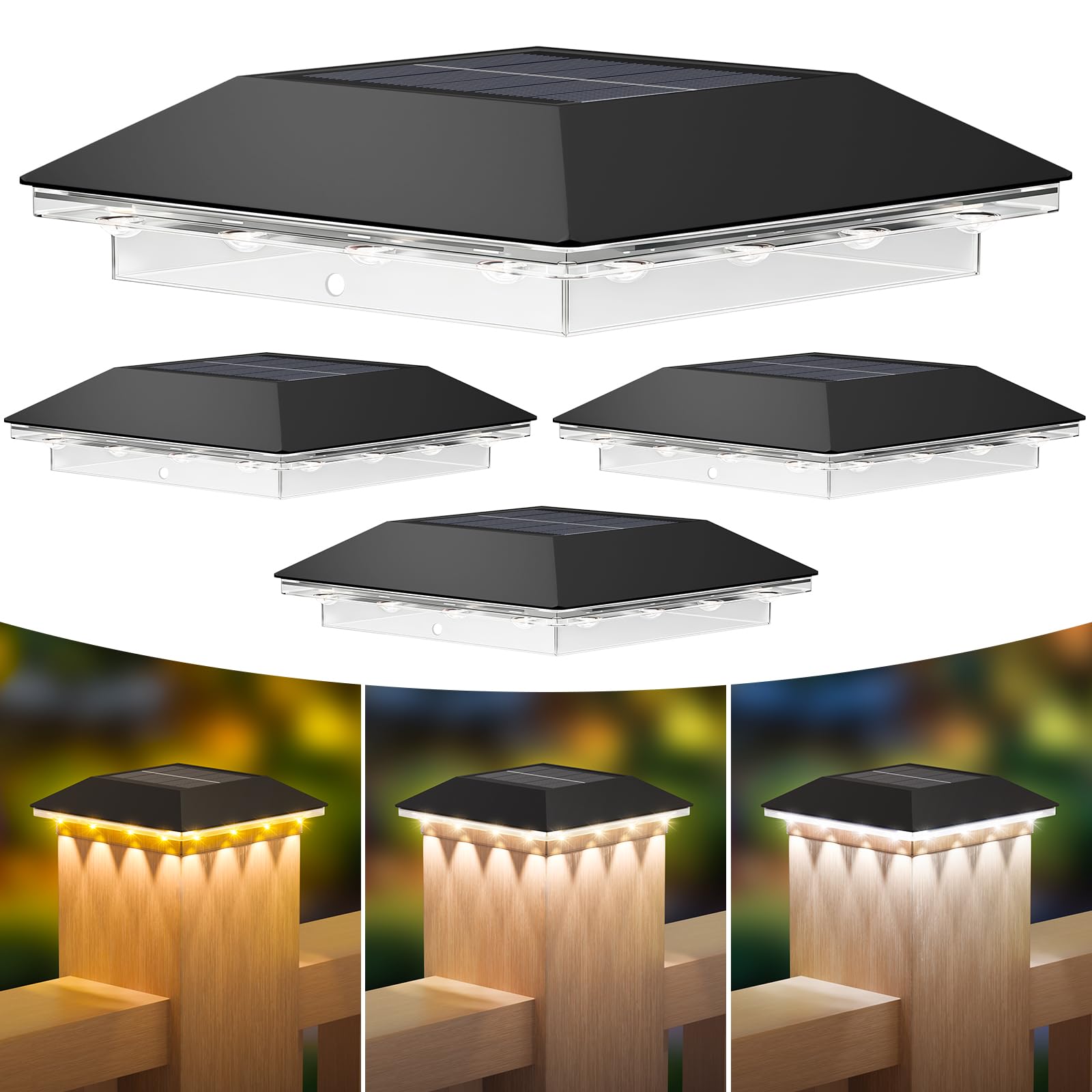 4er-set Solarbetriebene Pfostenleuchten, Wasserdichte Led Mit 3 Modi Für Außenzäune, Terrassen Und Holzpfosten (passend Für 3,5 X 3,5 Oder 4 X 4 Vinylpfosten), Schwarz
