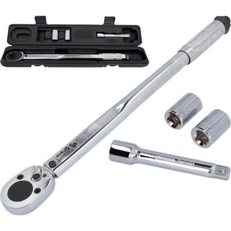 Drehmomentschlüssel, Einstellbar Bis Maximal 210 Nm, Mit 1/2-zoll-vierkantantrieb Sowie 17/19-mm-nüssen Und Verlängerung.