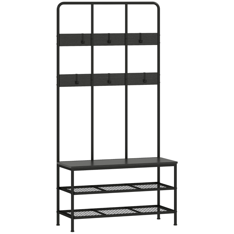 3-in-1 Garderobenständer Mit 6 Haken, Sitzbank & Schuhregal, Metall & Spanplatte, 91x36x180 Cm, Schwarz