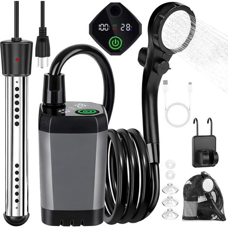 Tragbare Camping-dusche, Wiederaufladbar Mit 6000 Mah Und Led-anzeige, Wasserdichte Pumpe Und Duschkopf Nach Ipx7 Für Wandern, Reisen, Wohnmobil, Auto Und Tierbad.