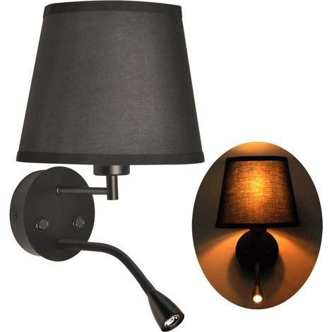 Wandapplique Für Das Schlafzimmer Mit Led-leselampe 3 W, E27-fassung, Schwarzer Stoffschirm, Metallbasis, Warmweißes Licht 3000 K