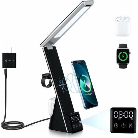 Lampe De Bureau Led Avec Chargeur Sans Fil Station De Charge Rapide 3-en-1, Lampe De Bureau À Commande Tactile Avec Minuterie