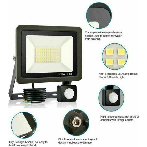 Led-außenstrahler 100w Mit Bewegungsmelder Ip65 Wasserdicht 60000 (lm) Kaltweiß Beleuchtung Für Garten, Garage Und Sportplatz