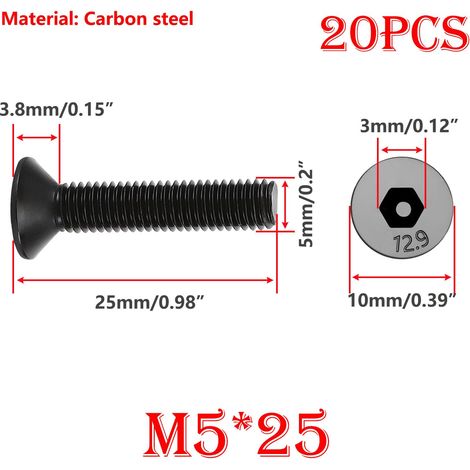 20 Stück Senkkopfschrauben M5x25mm Sechskantschrauben, Sechskantschrauben Aus Kohlenstoffstahl, Vollgewinde