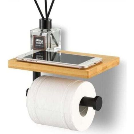 Toilettenpapierhalter Mit Bambusablage Für Das Badezimmer, Rollenhalter Aus Edelstahl Sus304, Wandmontage, Schwarz, Version Ohne Bohren
