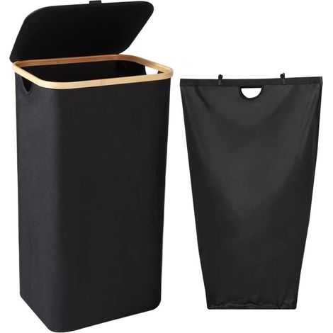 (noir) Wäschekorb, 100l Wäschekorb Mit Deckel Und Griffen - Schmutzwäschewagen Mit Abnehmbarem Schmutzwäschesack - Faltbarer Wäschekorb Mit Großer Kapazität, 40,5x33,5x75cm