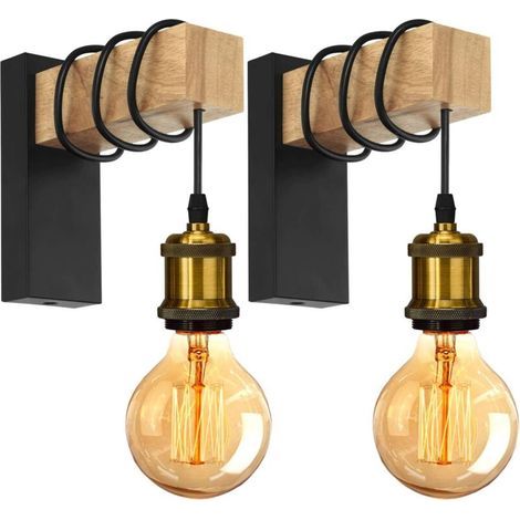 Wandlampe Im Vintage-industrie-stil E27 – Schirm Aus Schwarzem Metall Und Messing, Holzhalterung – 2 Stück – Leuchte Für Wohnzimmer Und Flur