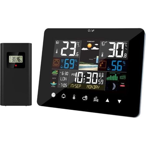 Wetterstation Mit Innen- Und Außensensor Ohne Kabel, Wetterstation Für Sonnenaufgang Und Sonnenuntergang, Wecker, Thermometer, Hygrometer, Touchscreen-bedienung Mit Kabellosem Außensensor