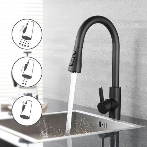 Küchenarmatur Mit Ausziehbarer Brause, Edelstahl, 3 Strahlarten, Mischarmatur, 360° Drehbar, Für Küche Oder Bad, Schwarz