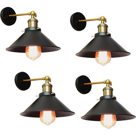 Axhup – Set Aus 4 Industriellen Wandlampen Mit E27-fassung, 22 Cm, Schwarzem Metall-schirm, Vintage-design, Ideal Für Schlafzimmer, Auch Als Deckenleuchte Verwendbar
