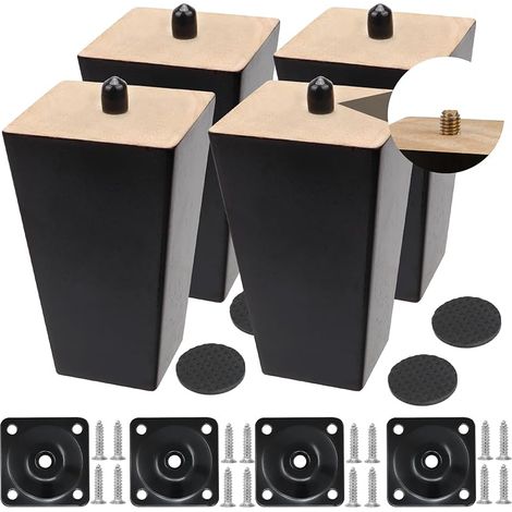4 Stück Holzmöbelfüße 15 Cm, Massivholz-tischbeine, Ersatz-möbelfüße Für Stühle, Tische Und Schränke (10, Schwarz, Eckig)