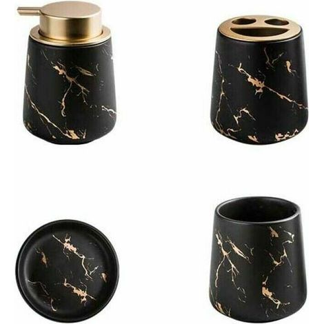 4-teiliges Marmor-keramik-badezimmer-accessoire-set – Seifenspender, Zahnbürstenhalter, Becher, Seifenschale – Mattschwarz, 12,58 × 5 Cm
