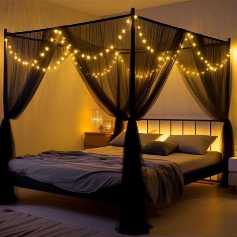 Betthimmel Moskitonetz Schwarz Mit Led-sternengirlande, Befestigung An Vier Ecken, Elegant – Maße 190 × 210 × 240 Cm.