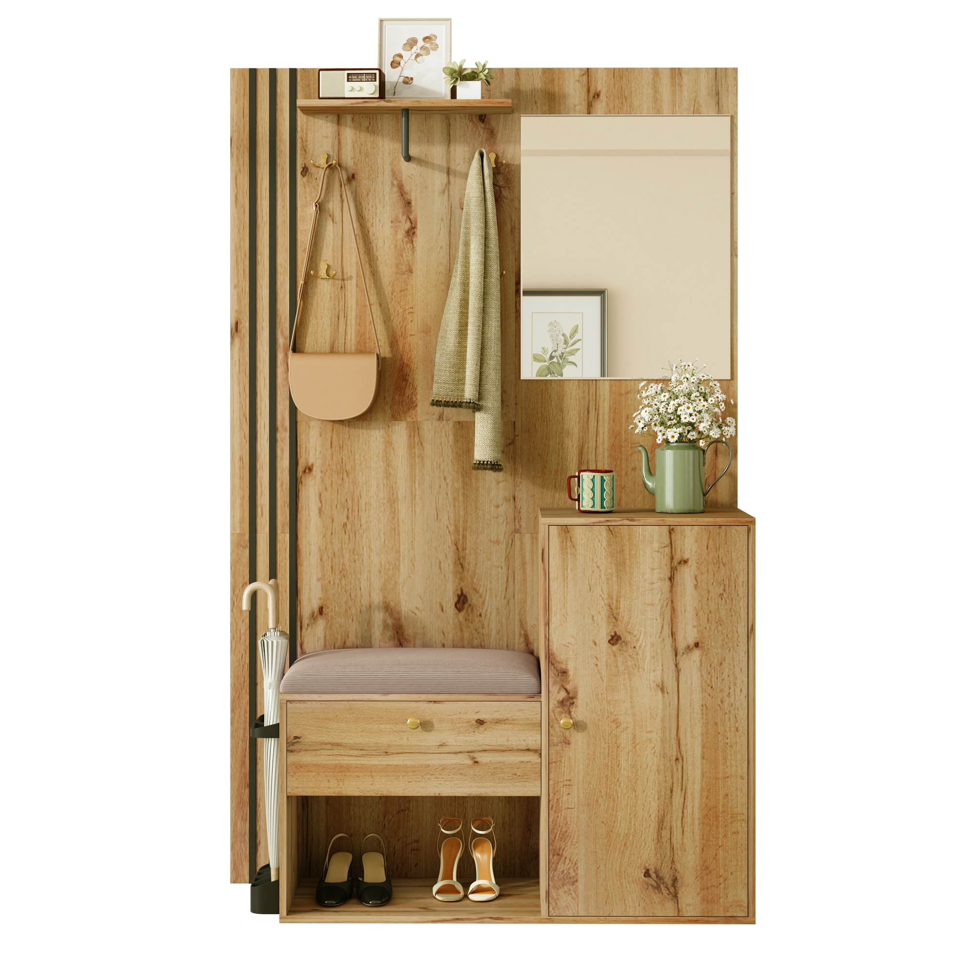 Garderobenset, Kompaktgarderobe, Flurgarderobe Mit Spiegel Und Kissen, Mit Schwarzer Zierleiste Und Schirmablage